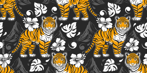 tiger hawaii seamless pattern background, artwork fashion for screen shirt fabric print, textile design, cartoon comic, animal character design, handdraw illustration. photo