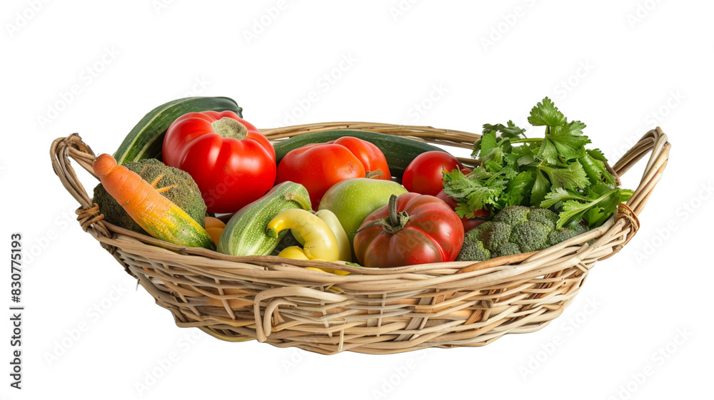 Basket with various fresh vegetables on transparent png background.
Basket with various fresh vegetables on transparent png background.