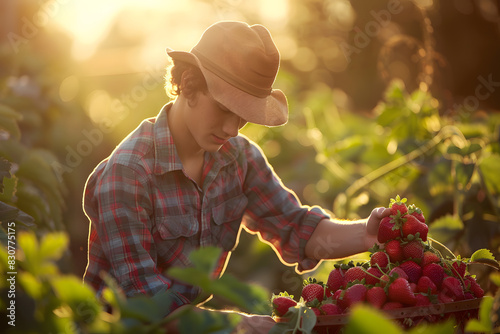 Farmer in the farmland in outdoor with light, happiness photo