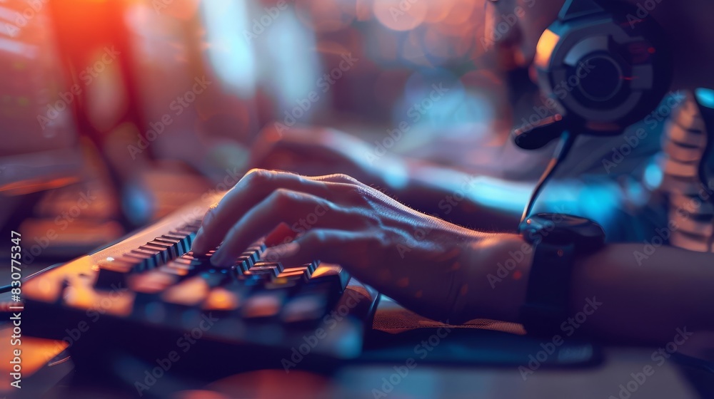 A customer service representative typing on a keyboard, focus on, support efficiency theme, vibrant, blend mode, modern office backdrop A customer service representative typing on a keyboard, focus on, support efficiency theme, vibrant, blend mode, modern office backdrop