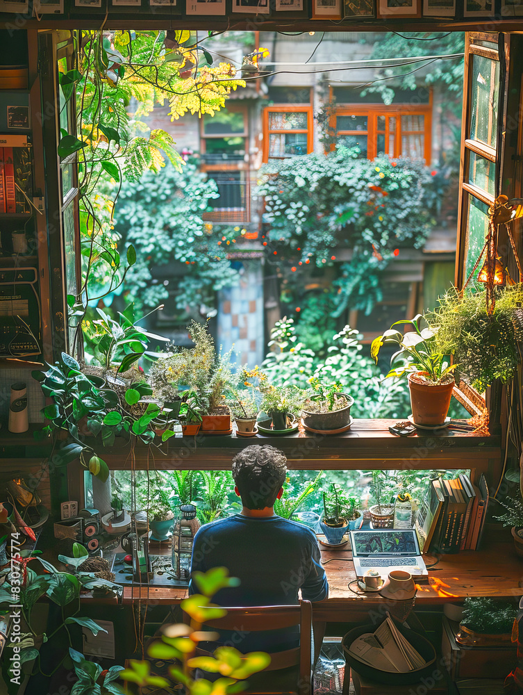 Serene workspace with urban garden view Serene workspace with urban garden view