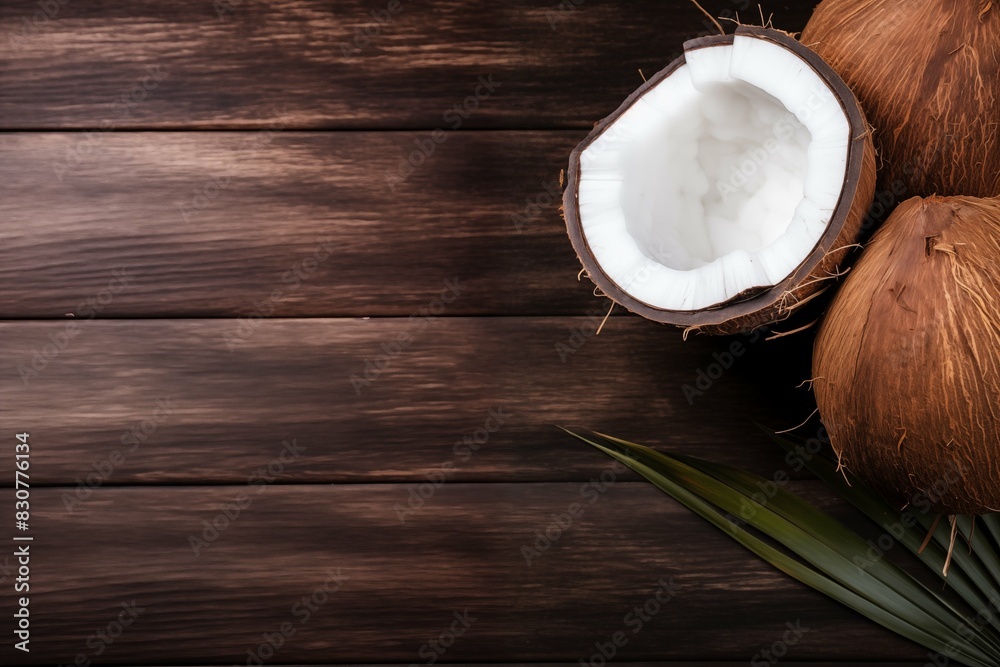 Wooden background with coconut and palm leaves and an empty space for text. A tropical fruit. An exotic nut. Coconut oil and milk. Summer vacation by the sea Wooden background with coconut and palm leaves and an empty space for text. A tropical fruit. An exotic nut. Coconut oil and milk. Summer vacation by the sea