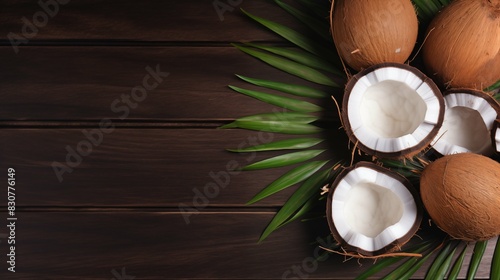Wallpaper Mural Wooden background with coconut and palm leaves and an empty space for text. A tropical fruit. An exotic nut. Coconut oil and milk. Summer vacation by the sea Torontodigital.ca