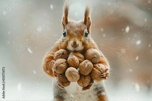 funny Squirrel holding a lot of nuts in its paws. animals cache food for the winter