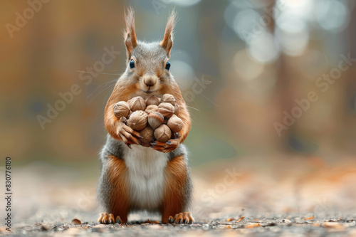 funny Squirrel holding a lot of nuts in its paws. animals cache food for the winter photo