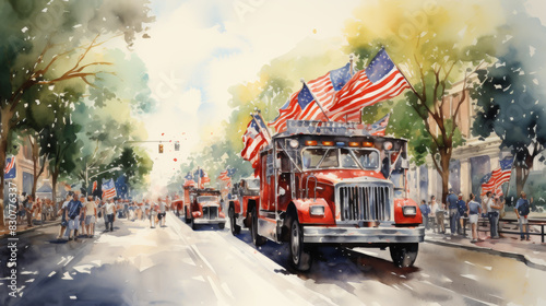 A patriotic parade with American flags flying high on a sunny day. The scene is filled with joy and celebration  capturing the spirit of a national holiday.