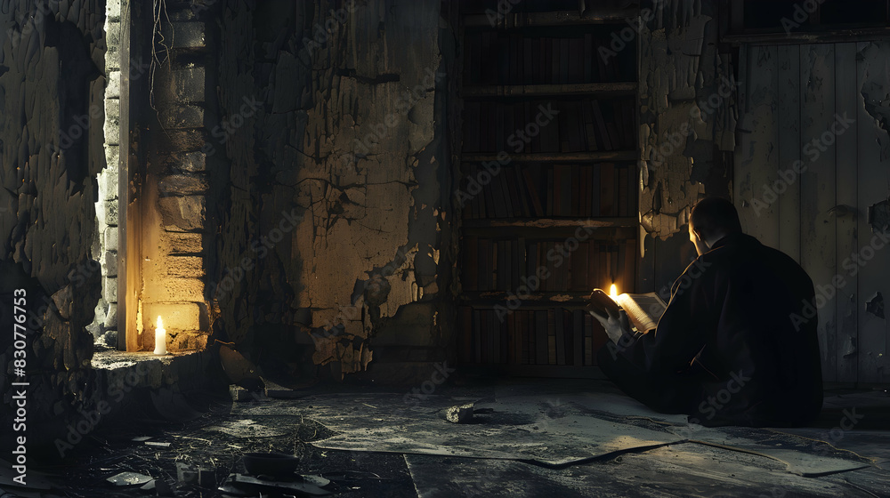 An evocative image of a solitary lighthouse keeper reading an ancient book by candlelight in a weathered lighthouse, with the flickering flame casting long shadows on the walls, highlighting the An evocative image of a solitary lighthouse keeper reading an ancient book by candlelight in a weathered lighthouse, with the flickering flame casting long shadows on the walls, highlighting the