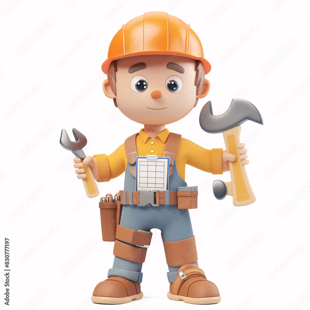 3D Engineer: The engineer cartoon mascot, clad in a utility vest and hard hat, embodies innovation and problem-solving. Holding a detailed diagram in one hand and wrench in the other,this 3D character 3D Engineer: The engineer cartoon mascot, clad in a utility vest and hard hat, embodies innovation and problem-solving. Holding a detailed diagram in one hand and wrench in the other,this 3D character