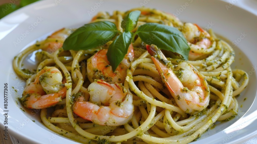 Healthy Style Spaghetti with Seafood in a Homemade Pesto Sauce