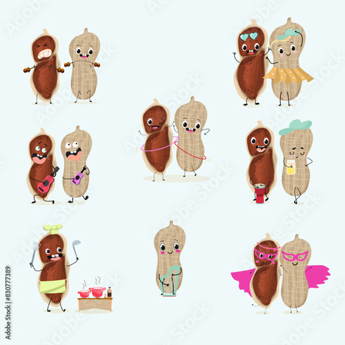 Cute peanut characters set, collection. Flat vector illustration. Activities, playing musical instruments, sports, funny fruits.