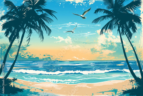 Tropical Beach Sunset with Palm Trees and Soaring Seagulls