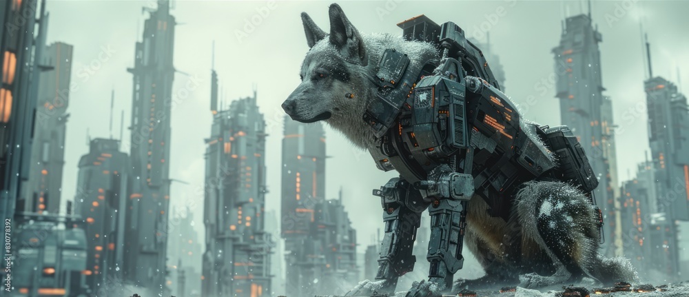 A Futuristic Interpretation of a Dog with Cyborg Enhancements, Set Against a Backdrop of Towering Skyscrapers in a Fantasy Fusion Sci-Fi Setting
