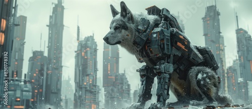 A Futuristic Interpretation of a Dog with Cyborg Enhancements  Set Against a Backdrop of Towering Skyscrapers in a Fantasy Fusion Sci-Fi Setting 