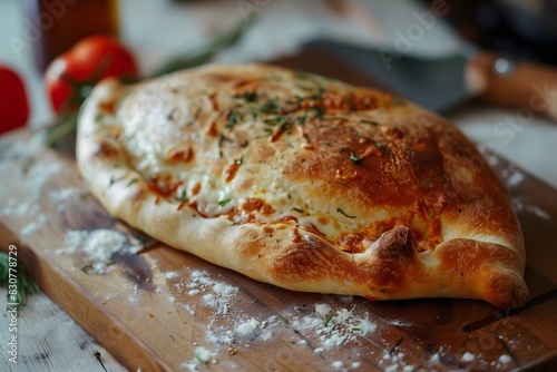 Wallpaper Mural A freshly baked calzone with a crispy exterior served on a wooden cutting board Torontodigital.ca