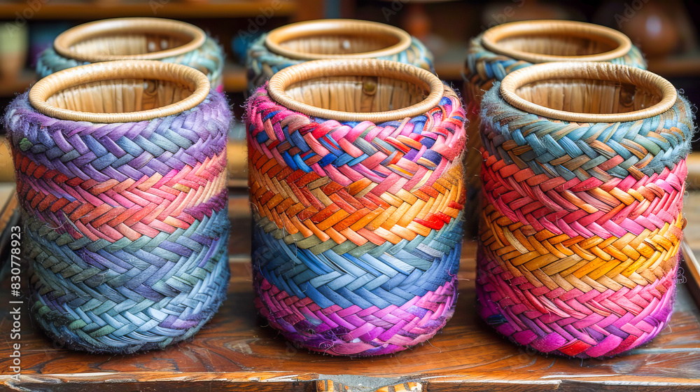 Colorful handwoven baskets from recycled materials Colorful handwoven baskets from recycled materials