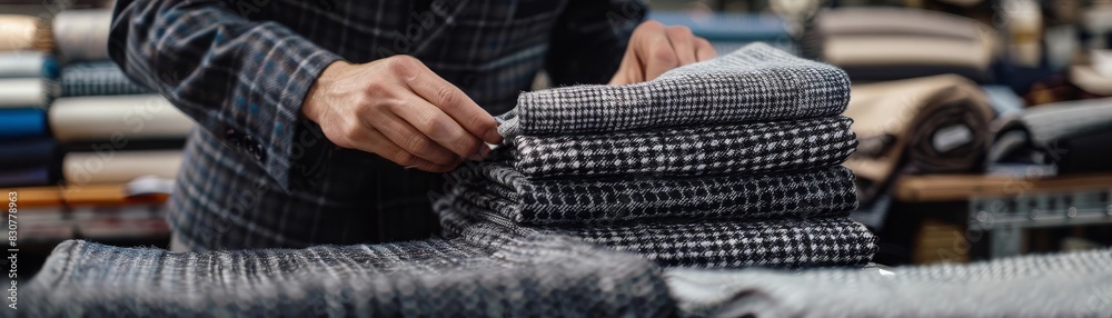 Obraz premium A designer preparing a textile pattern, close up, textile design theme, realistic, overlay, fabric workshop backdrop