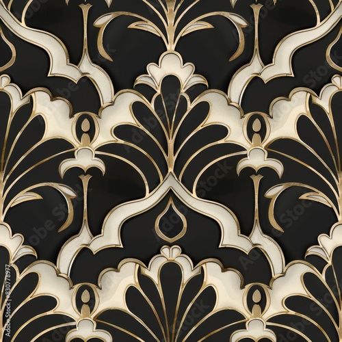 Luxurious Gold and Black Damask Pattern Wallpaper Design photo
