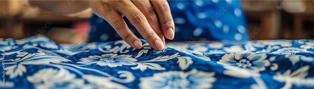 A designer preparing a textile pattern, close up, textile design theme, realistic, overlay, fabric workshop backdrop A designer preparing a textile pattern, close up, textile design theme, realistic, overlay, fabric workshop backdrop