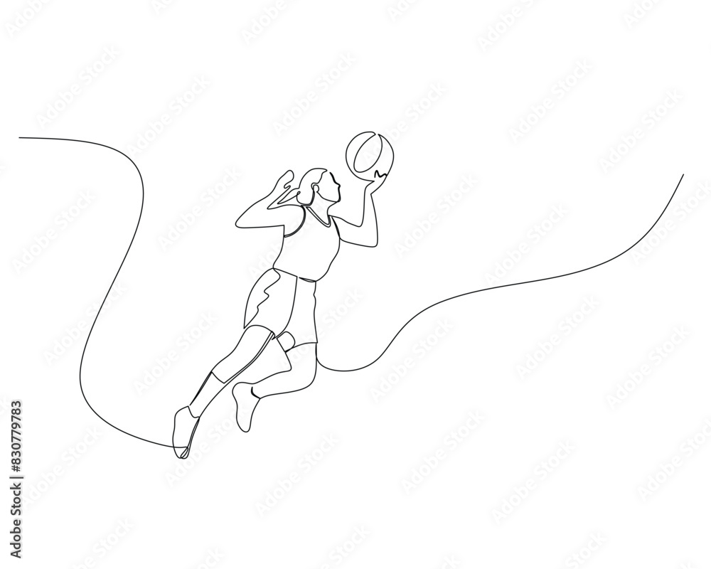 Continuous single line drawing of female basketball player jumps high to score. basketball tournament event . Design illustration Continuous single line drawing of female basketball player jumps high to score. basketball tournament event . Design illustration