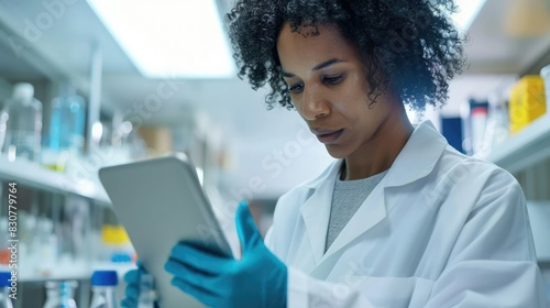 Focused and serious science researcher reading information on a tablet in a lab. Science student studying data on a handheld tablet in a laboratory while preparing for an experiment 