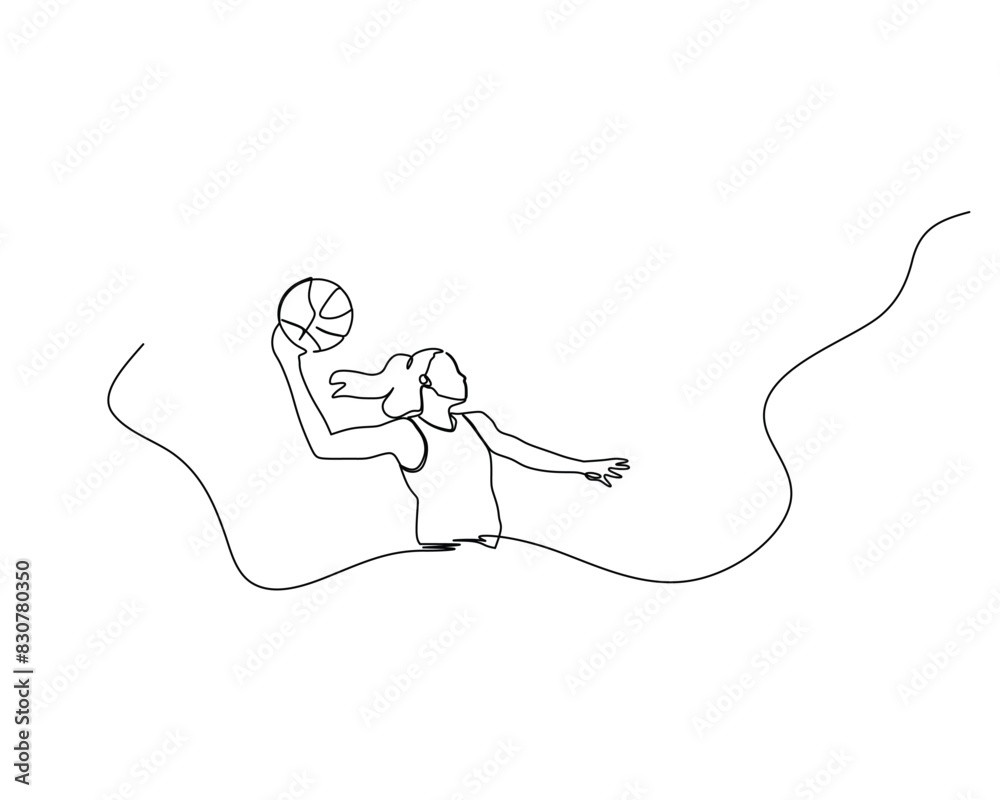 Continuous single line drawing of female basketball athlete doing a slam dunk. basketball tournament event . Design illustration Continuous single line drawing of female basketball athlete doing a slam dunk. basketball tournament event . Design illustration