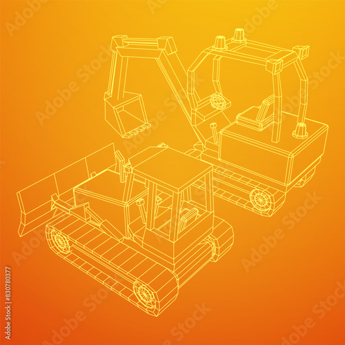 Heavy equipment excavator machine manufacturing power equipment for open pit mining. Wireframe low poly mesh vector illustration