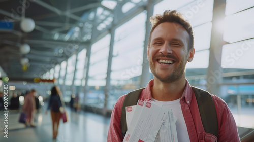 smiling man holds plane tickets in his hands at the airport, flight, travel, airline, vacation, joyful person, trip, happy, people, emotional face, airplane, air, terminal Free Download smiling man holds plane tickets in his hands at the airport, flight, travel, airline, vacation, joyful person, trip, happy, people, emotional face, airplane, air, terminal - GFXLoad