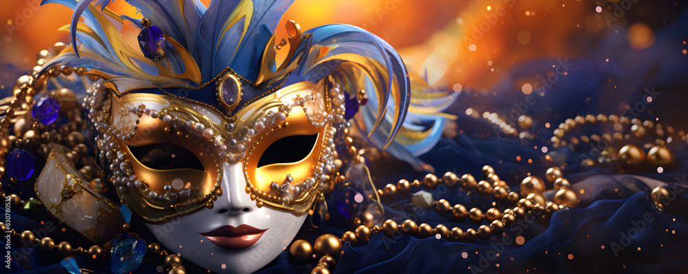 A vibrant masquerade adorned with a striking mask adorned in feathers and captivating clothing exuding a sense of enchantment and mystery, Fascinating Masquerade: Captivating Mask and Enigmatic Costum