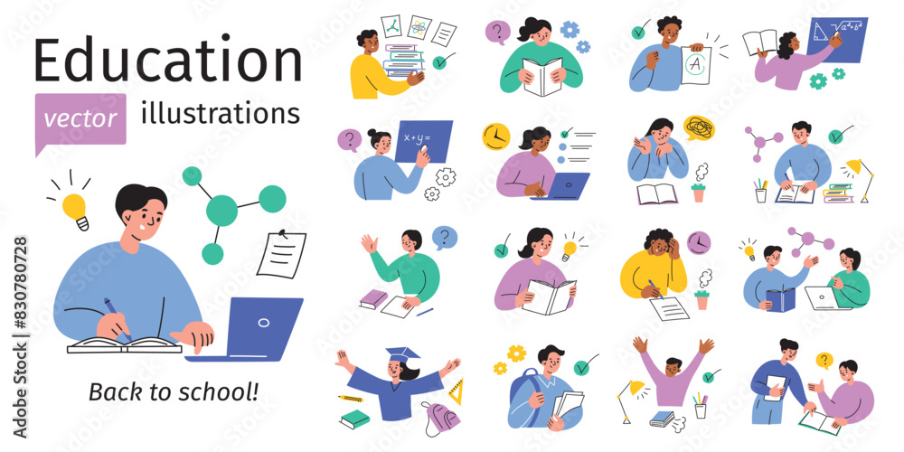 Education vector illustrations set, collection of school children scenes. Studying, exams, homework, academic life, classroom activities. Students reading, writing, doing science, math. Back to school