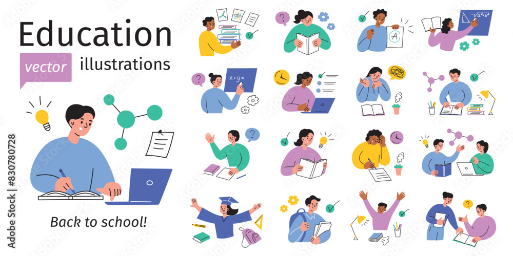 Education vector illustrations set, collection of school children scenes. Studying, exams, homework, academic life, classroom activities. Students reading, writing, doing science, math. Back to school Education vector illustrations set, collection of school children scenes. Studying, exams, homework, academic life, classroom activities. Students reading, writing, doing science, math. Back to school