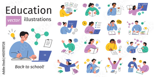 Education vector illustrations set, collection of school children scenes. Studying, exams, homework, academic life, classroom activities. Students reading, writing, doing science, math. Back to school