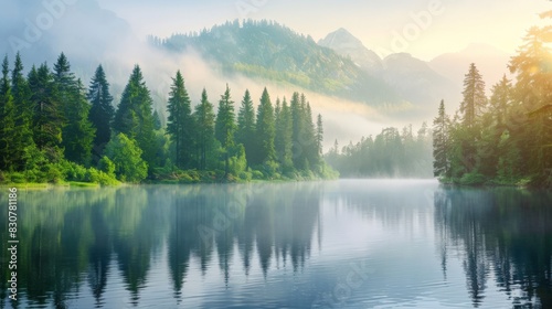Morning fog over a beautiful lake surrounded by pine forest 