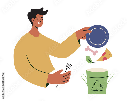 Reduce food waste composition, man throwing leftovers in compost bin, vector illustration of cartoon flat character, reuse garbage, sustainable eating composition, ecology awareness
