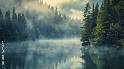 Morning fog over a beautiful lake surrounded by pine forest 