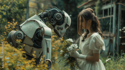 A robot and a young woman cultivate a garden, the robots helpers of the future