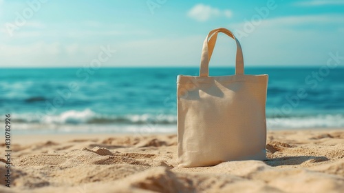 Canvas tote bag on a sandy beach with ocean in the background.