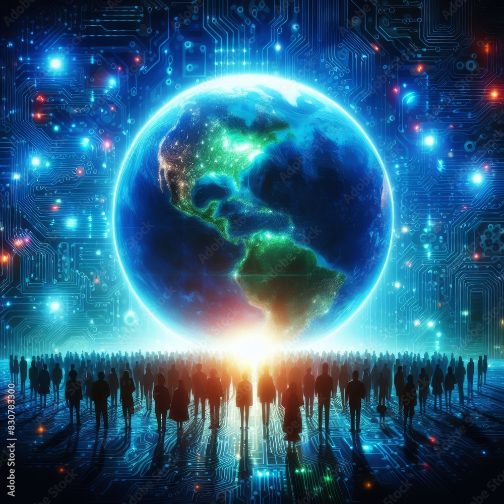 Obraz premium Futuristic image depicting a glowing Earth superimposed on a circuit board background with a crowd of silhouettes approaching, symbolizing global connectivity.. AI Generation