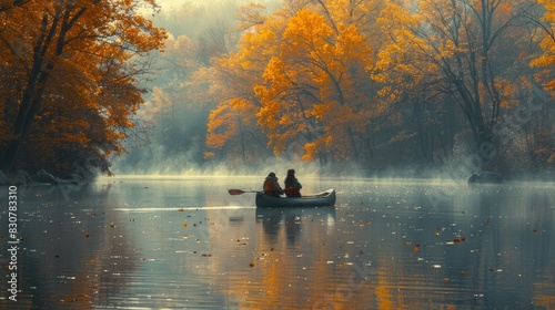 A Serene Journey: Couple Paddles Canoe Through Tranquil River Surroundings, Embracing Nature's Peaceful Beauty 
