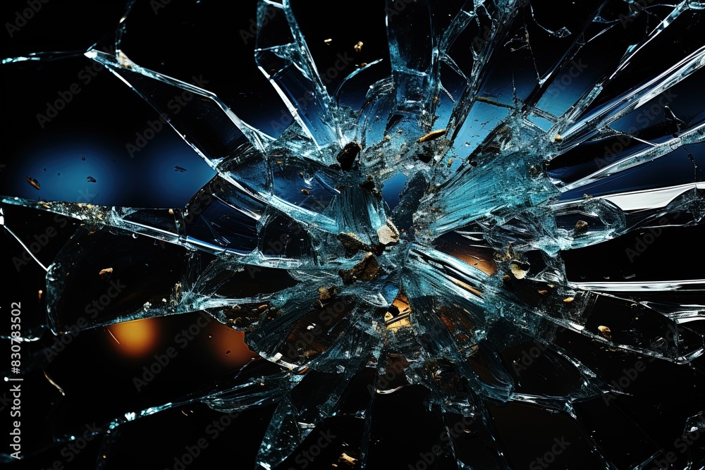 Obraz premium Cracked glass object on black background, broken glass texture, broken glass shards on black background