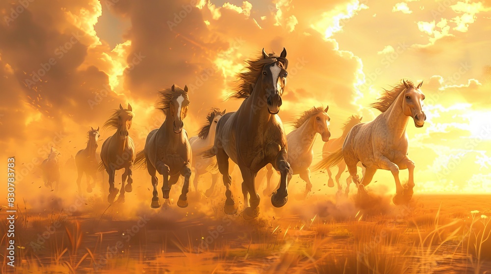 Wild horses running free in the open field at sunset Wild horses running free in the open field at sunset