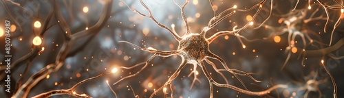 Abstract neuron cell with glowing dendrites and axons.