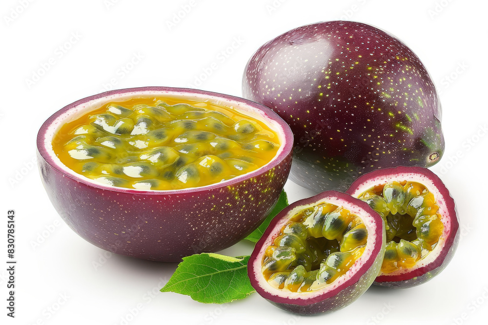 Fresh Passion Fruit with Halved and Whole Exotic Fruits on White Background Fresh Passion Fruit with Halved and Whole Exotic Fruits on White Background