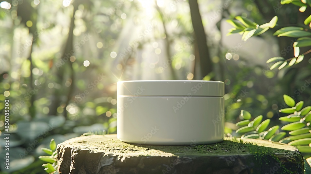 Blank product container set against a serene nature backdrop with sunlight filtering through lush trees Blank product container set against a serene nature backdrop with sunlight filtering through lush trees