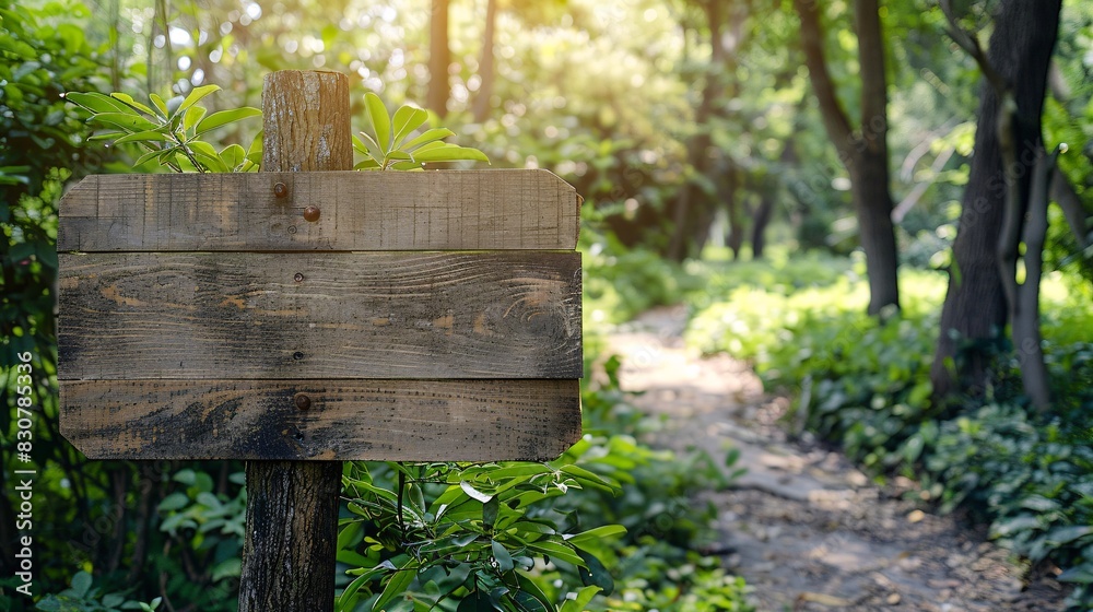 Fototapeta premium Blank wooden signpost in a serene park setting with lush greenery surrounding it, ideal for promotional messages