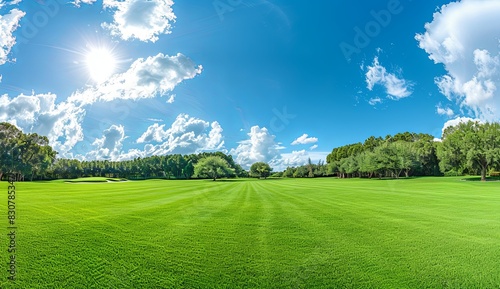 Beautiful green lawn with blue sky and clouds on background