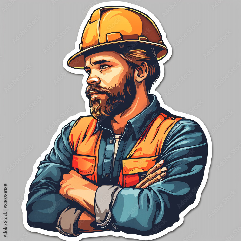 Fototapeta premium Construction Worker Sticker With Crossed Arms