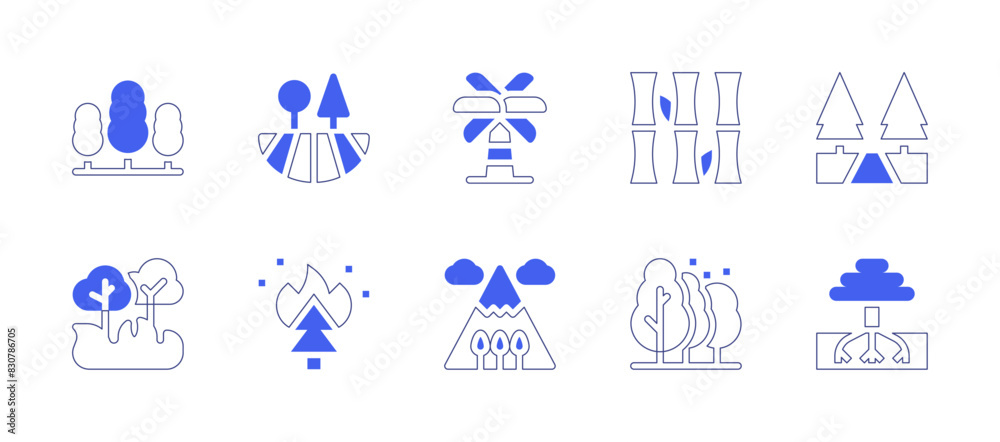 Forest icon set. Duotone style line stroke and bold. Vector illustration. Containing forest, tree, bamboo, forestfire, path, mountain, palmtree.