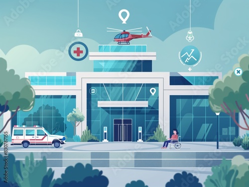 A modern hospital with glass windows, an ambulance, a helicopter on the roof, and a person in a wheelchair outside. photo