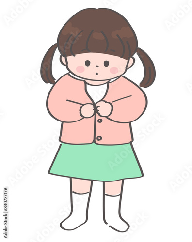 洋服のボタンを閉める幼児の女の子のイラスト