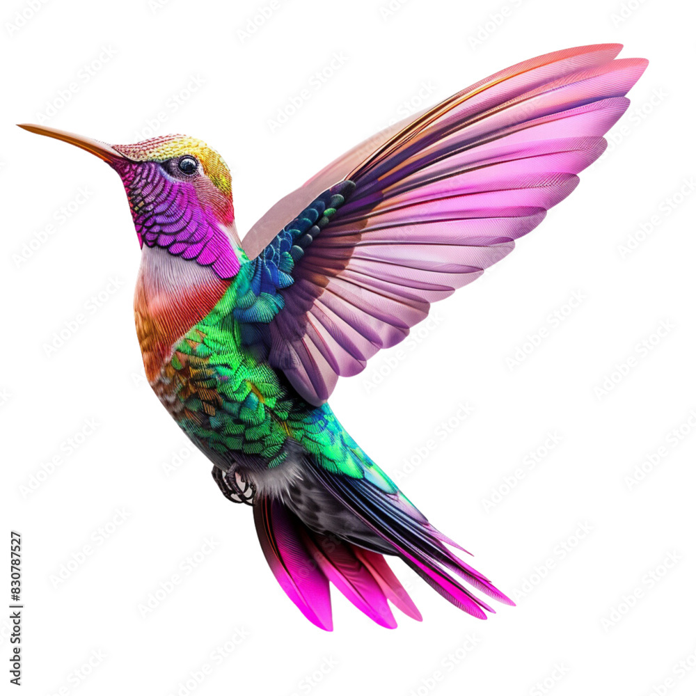 Obraz premium Realistic flying hummingbird with in a side view on a white background